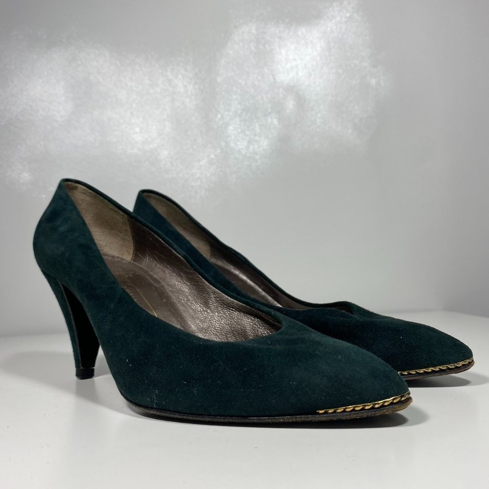 Bruno Magli Women Shoes Vintage Pump Heels Suede Emerald Green Italy Sz 7